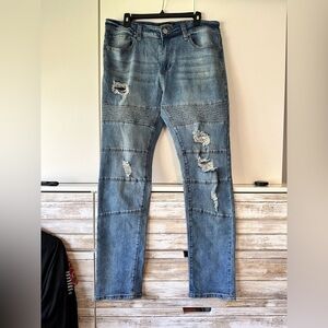 Smoke & Ash Moto Jeans 🔥 Distressed Skinny Denim 34x32 Stretch